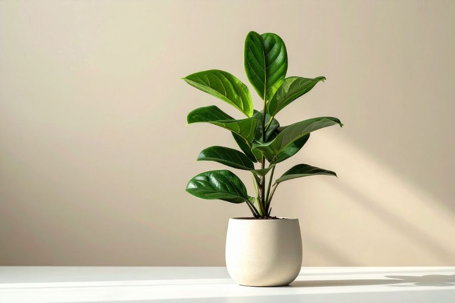 Potted Fiddle Leaf Fig with broad glossy green foliage, tall, tropical statement houseplant