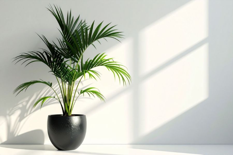 Parlour Palm in black pot with lush green foliage, easy care tropical indoor palm plant