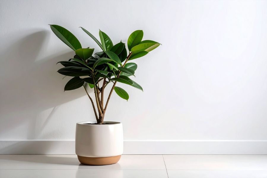 Rubber Tree Robusta plant in modern pot with large glossy dark green leaves, tropical indoor statement houseplant