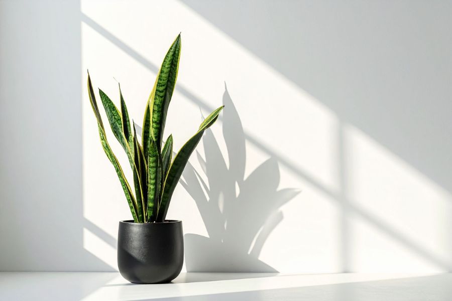 Snake Plant (Mother-in-law’s Tongue) in modern pot with upright sword-like foliage. This succulent is an air purifying, drought tolerant indoor houseplant